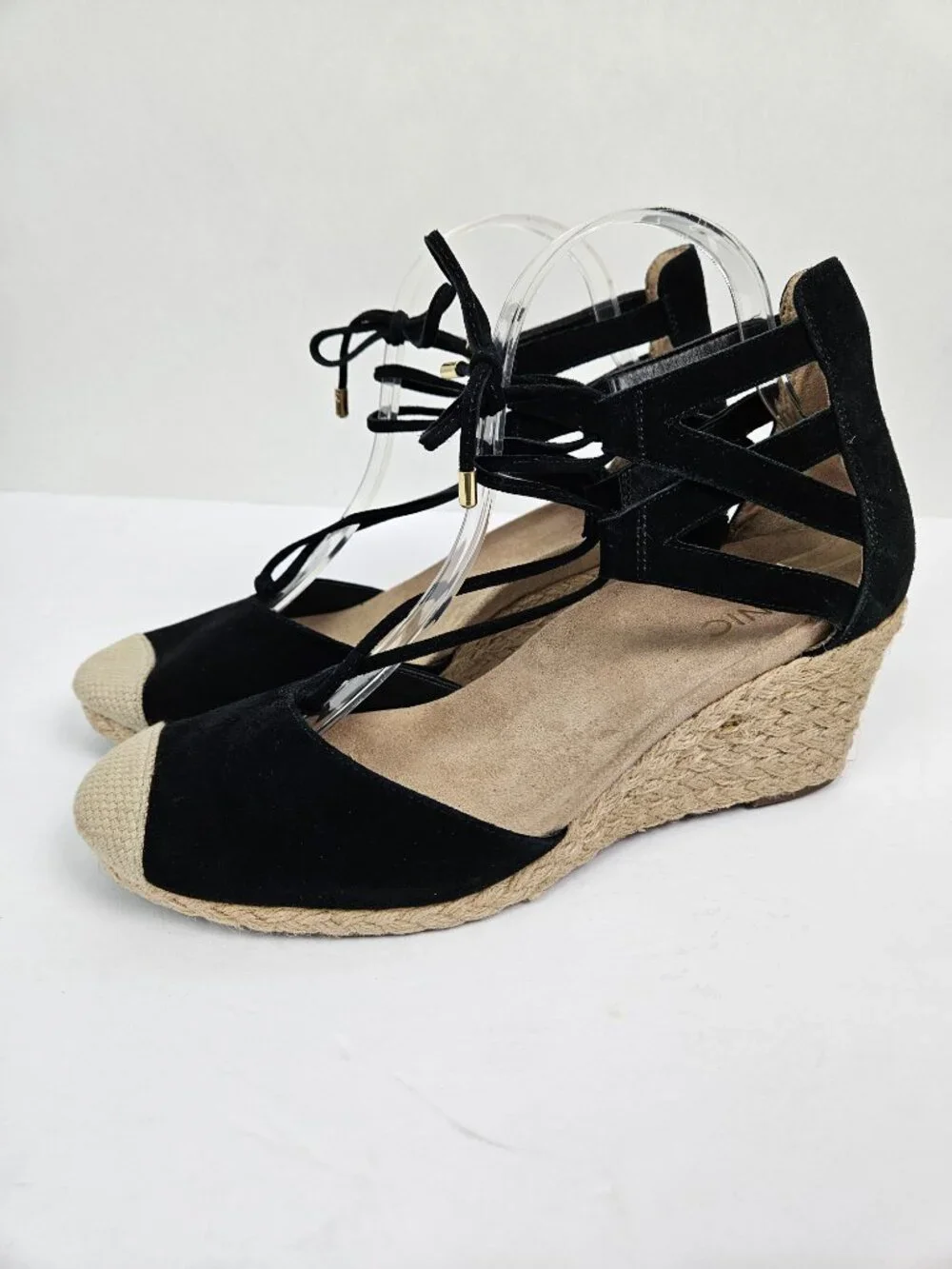 Vionic Calypso Black Suede Strappy Comfort Espadrille Wedge 10